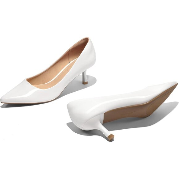 Women's White Patent Pumps 2 inch Kitten Heel Pointed Toe Low Heel Dress Shoes - Picture 4 of 7